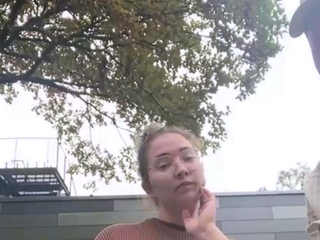 Horny slut suck cock and takes hard doggy pounding in public